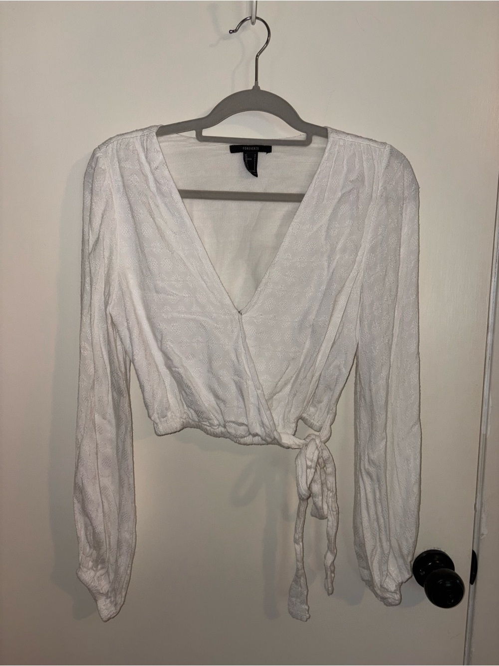 Forever 21 White Long-Sleeve Wrap Crop Top with Side Tie